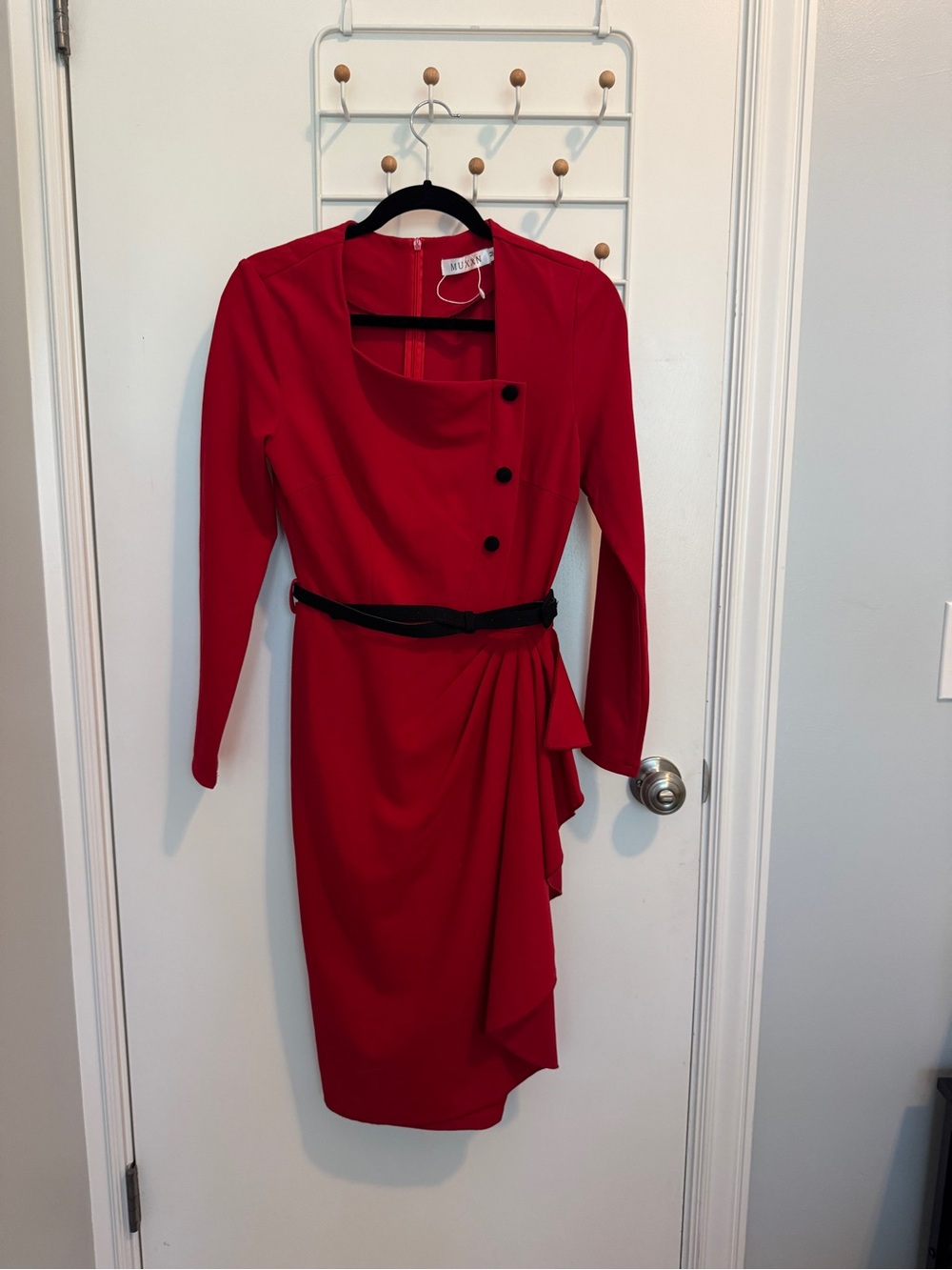 Sophisticated Red Long-Sleeve Draped Sheath Dress with Black Belt